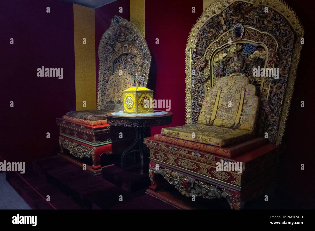 Ulaanbaatar, Mongolia - September, 2022 - Inside the Winter Palace museum of Bogd Khan. Luxurious emperor throne. Stock Photo