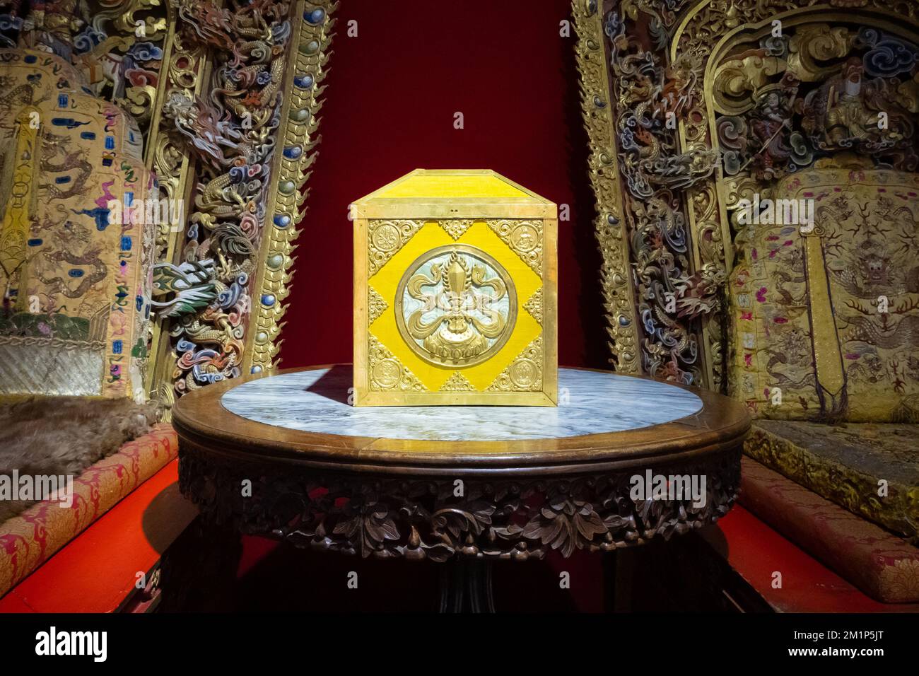 Ulaanbaatar, Mongolia - September, 2022 - Inside the Winter Palace museum of Bogd Khan. Luxurious emperor throne. Stock Photo
