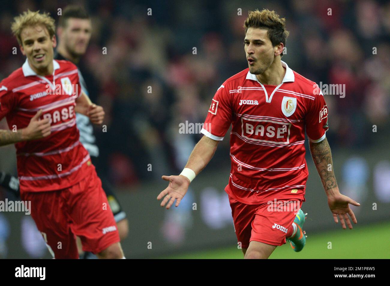 20121207 - LIEGE, BELGIUM: Standard's Maor Bar Buzaglo celebrates after scoring the 3-0 goal during the Jupiler Pro League match between Standard and Charleroi, in Liege, Friday 07 December 2012, on day 19 of the Belgian soccer championship. BELGA PHOTO YORICK JANSENS Stock Photo