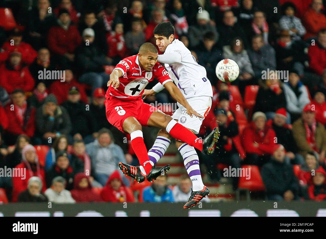 Anderlecht's Bram Nuytinck and Standard's William Vainqueur fight for the  ball during the Jupiler Pro League match of Play-Off 1 between Standard de  Liege and RSC Anderlecht, in Liege Stock Photo 