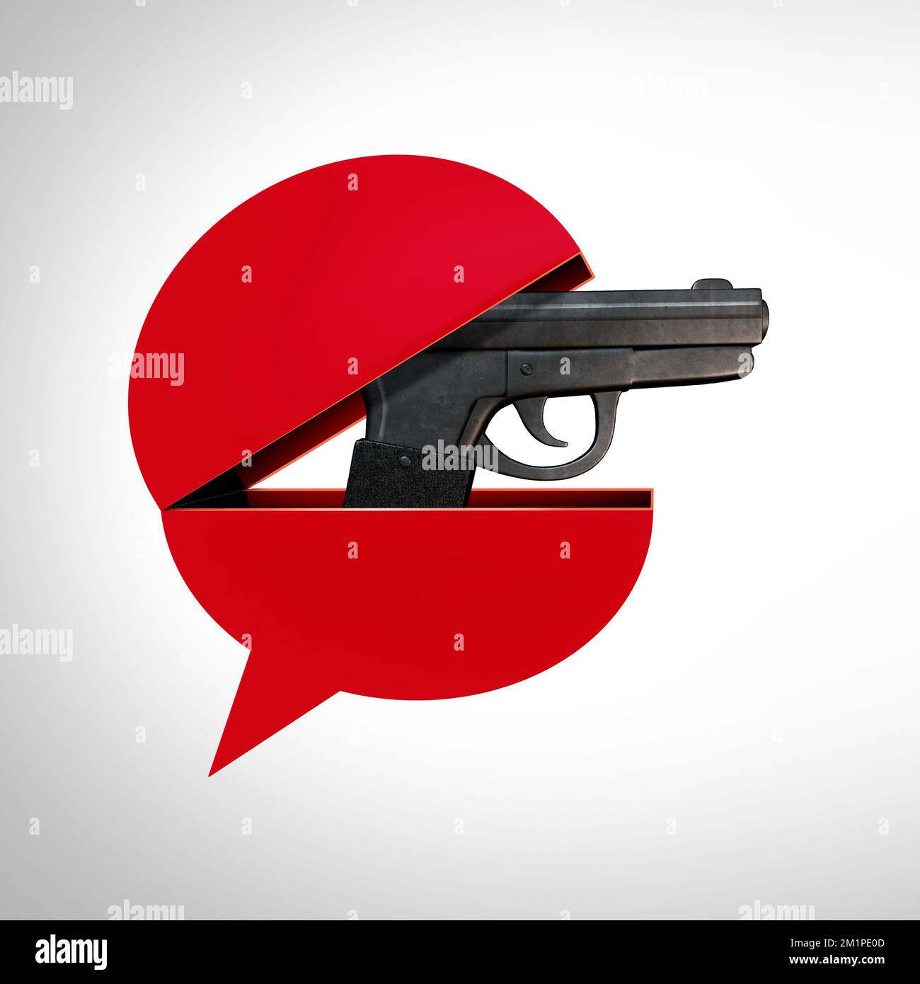 Hate Speech Danger as a hateful content symbol with a gun emerging out of  a word bubble representing weaponization of social media as a threatening Stock Photo