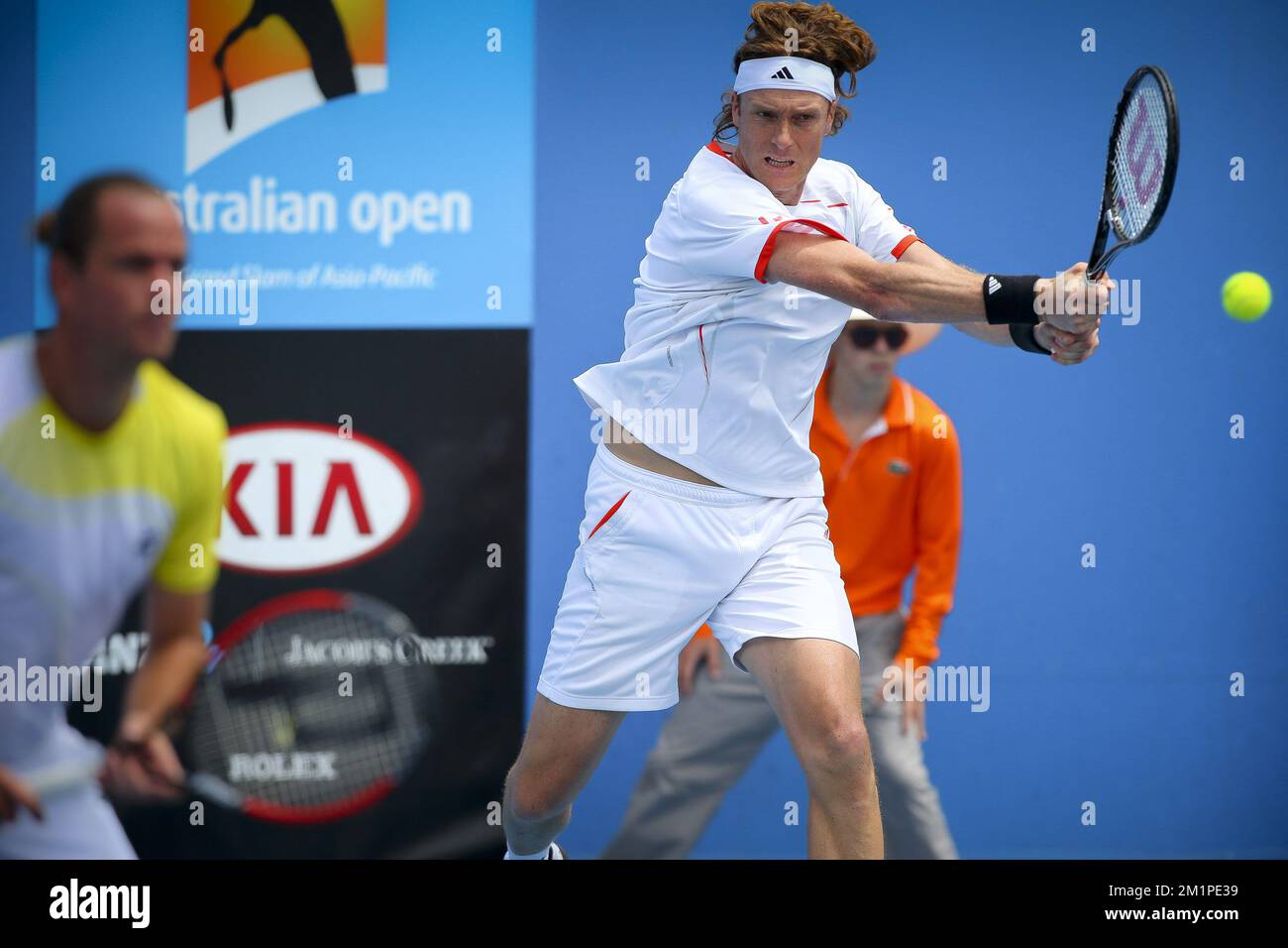 20130118 - MELBOURNE, AUSTRALIA: Belgian Dick Norman in action during the  match between Belgian Xavier Malisse and Belgian Dick Norman against  Pakistan's Aisam-ul-Haq Qureshi and Dutch Jean-Julien Rojer in the second  round