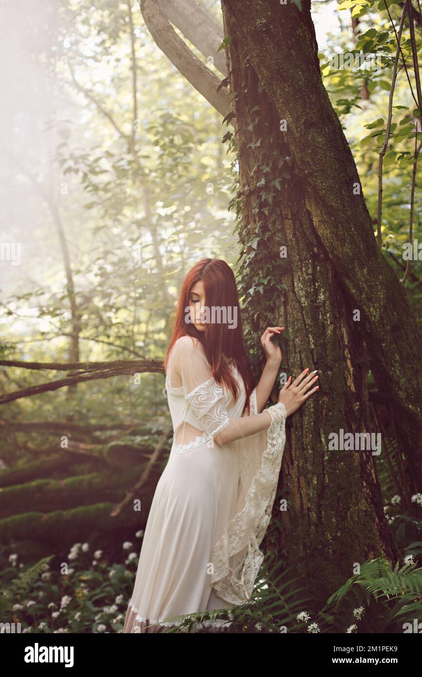 Victorian woman in misty woods Stock Photo