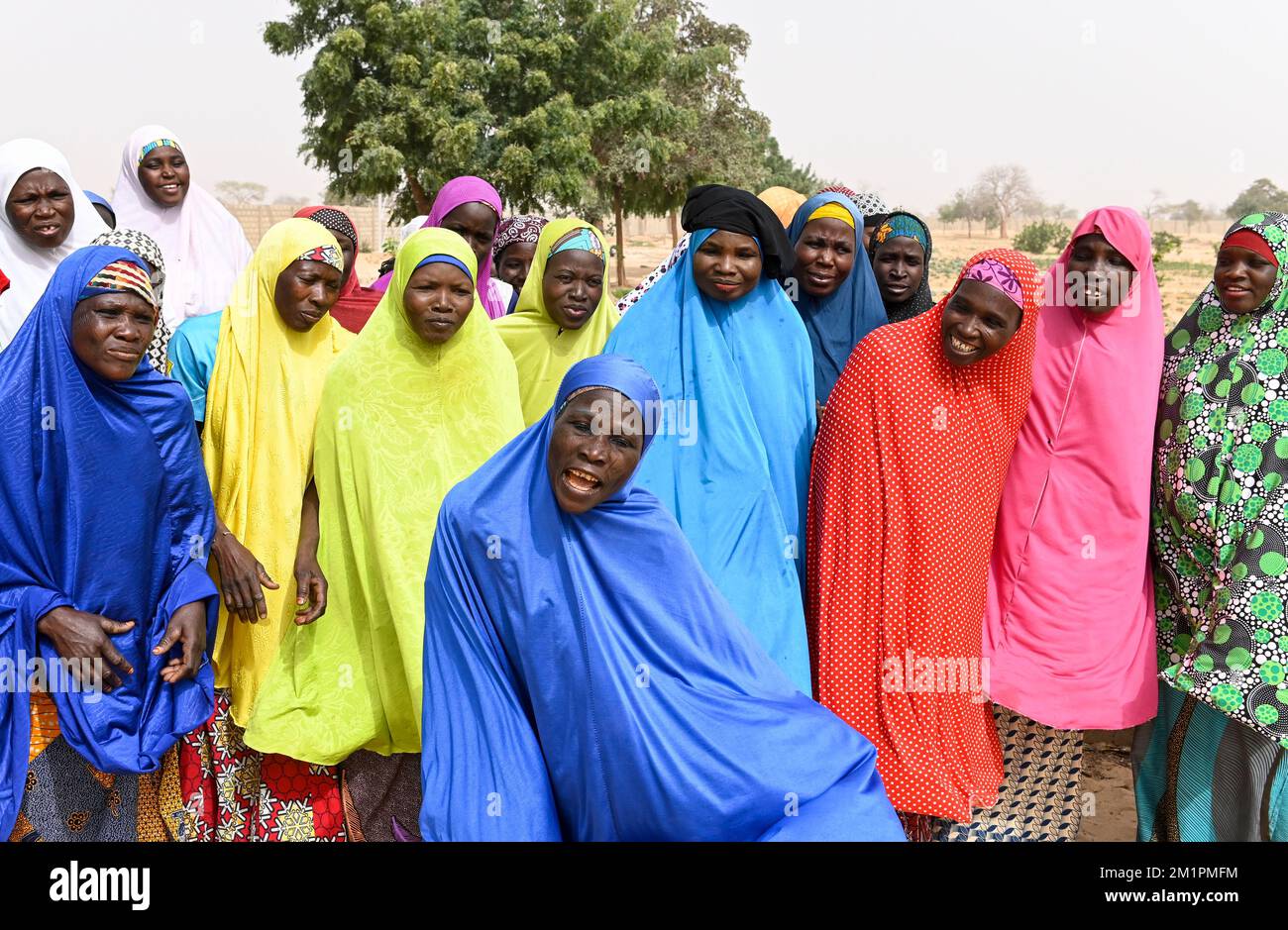 NIGER, Maradi, village Dan Bako, muslim women singing for visitor welcome to their community garden project /muslimische Frauen singen fuer einen Besucherempfang Stock Photo