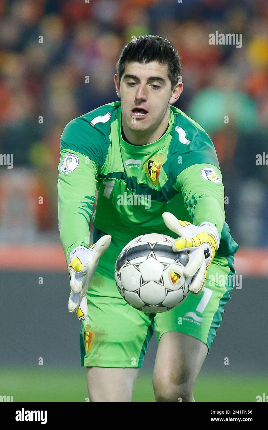Thibaut Courtois of Belgium in action with the ball during a qualification game for the 2014 FIFA World Cup between Belgium and Macedonia, Tuesday 26 March 2013 in Brussels. Stock Photo