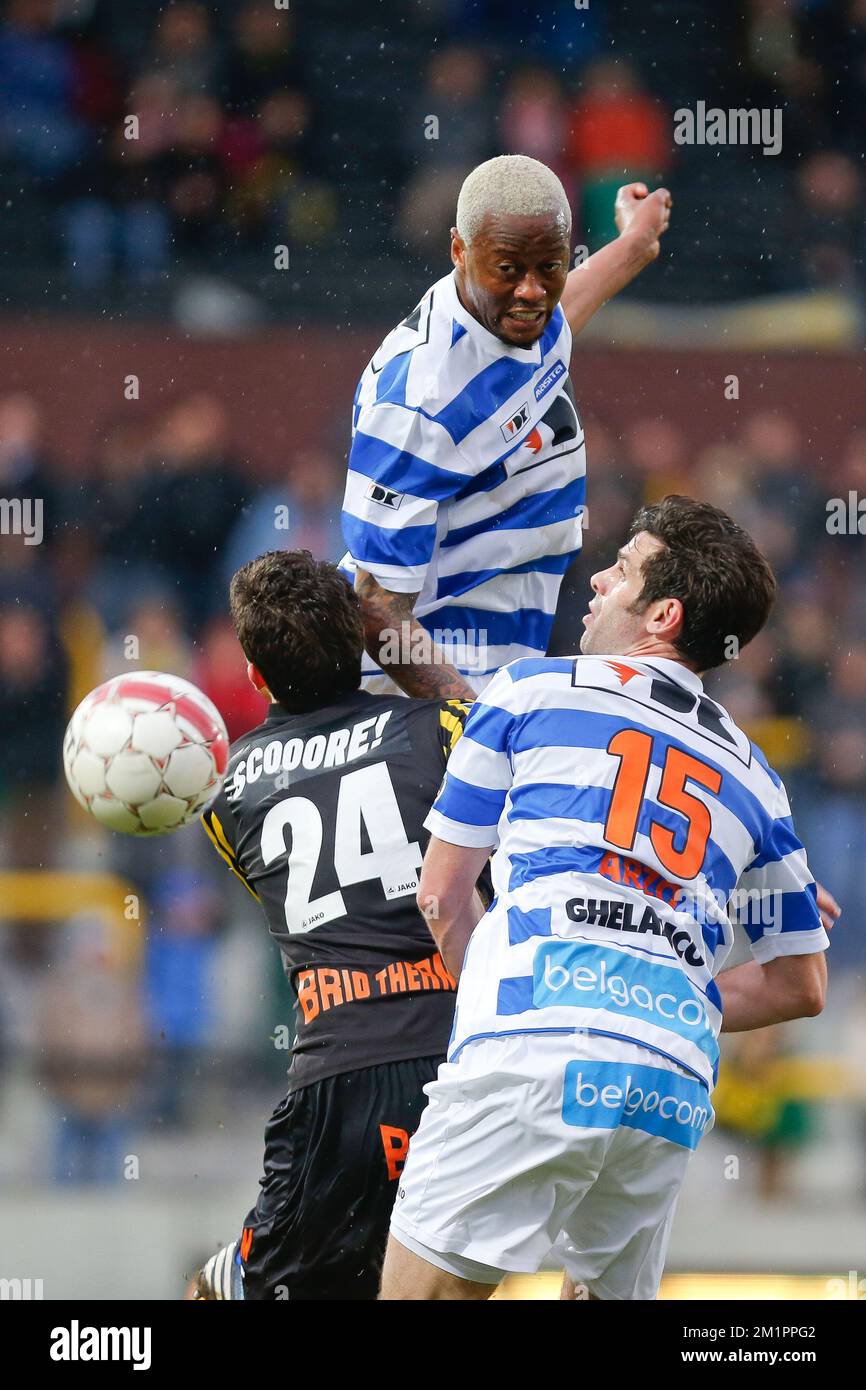 Lierse's Kostadin Hazurov, Gent's Valery Twite Nahayo and Gent's Cesar Arzo Amposta fight for the ball during the Jupiler Pro League match of Play-Off 2 group A, between Lierse SK and AA Gent, in Lier, Saturday 13 April 2013 Stock Photo