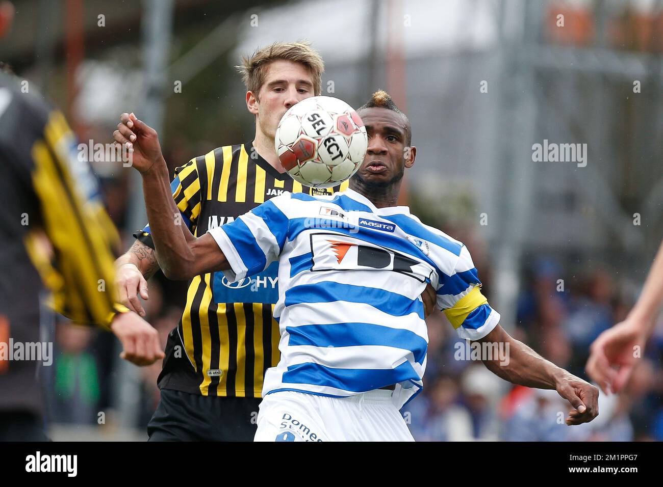 Lierse's Frederic Frans and Gent's Ilombe Mboyo fight for the ball during the Jupiler Pro League match of Play-Off 2 group A, between Lierse SK and AA Gent, in Lier, Saturday 13 April 2013 Stock Photo