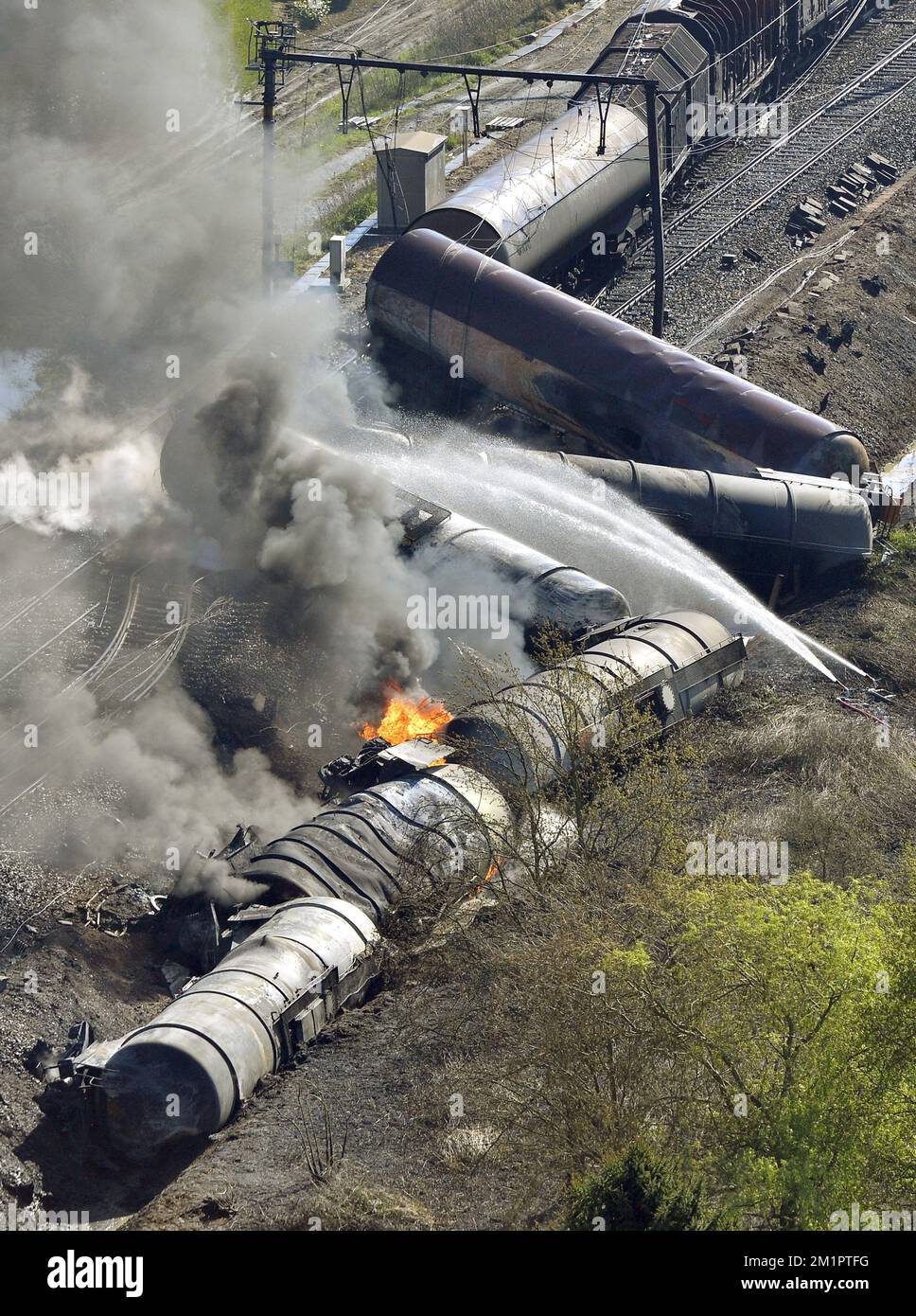 Illustration picture shows an aerial view on the exploded freight train ...