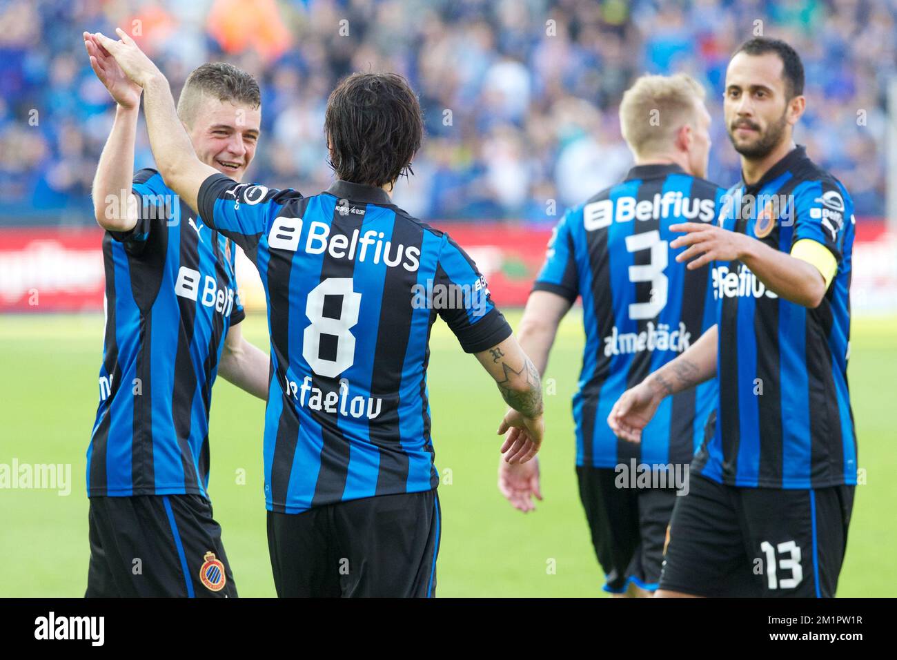 Club's Lior Refaelov (8) celebrates after scoring the 2-1 goal during the Jupiler Pro League match of Play-Off 1, between Club Brugge and Lokeren, in Brugge, Sunday 05 May 2013, on the seventh day of the Play-Off 1 of the Belgian soccer championship. BELGA PHOTO KURT DESPLENTER Stock Photo
