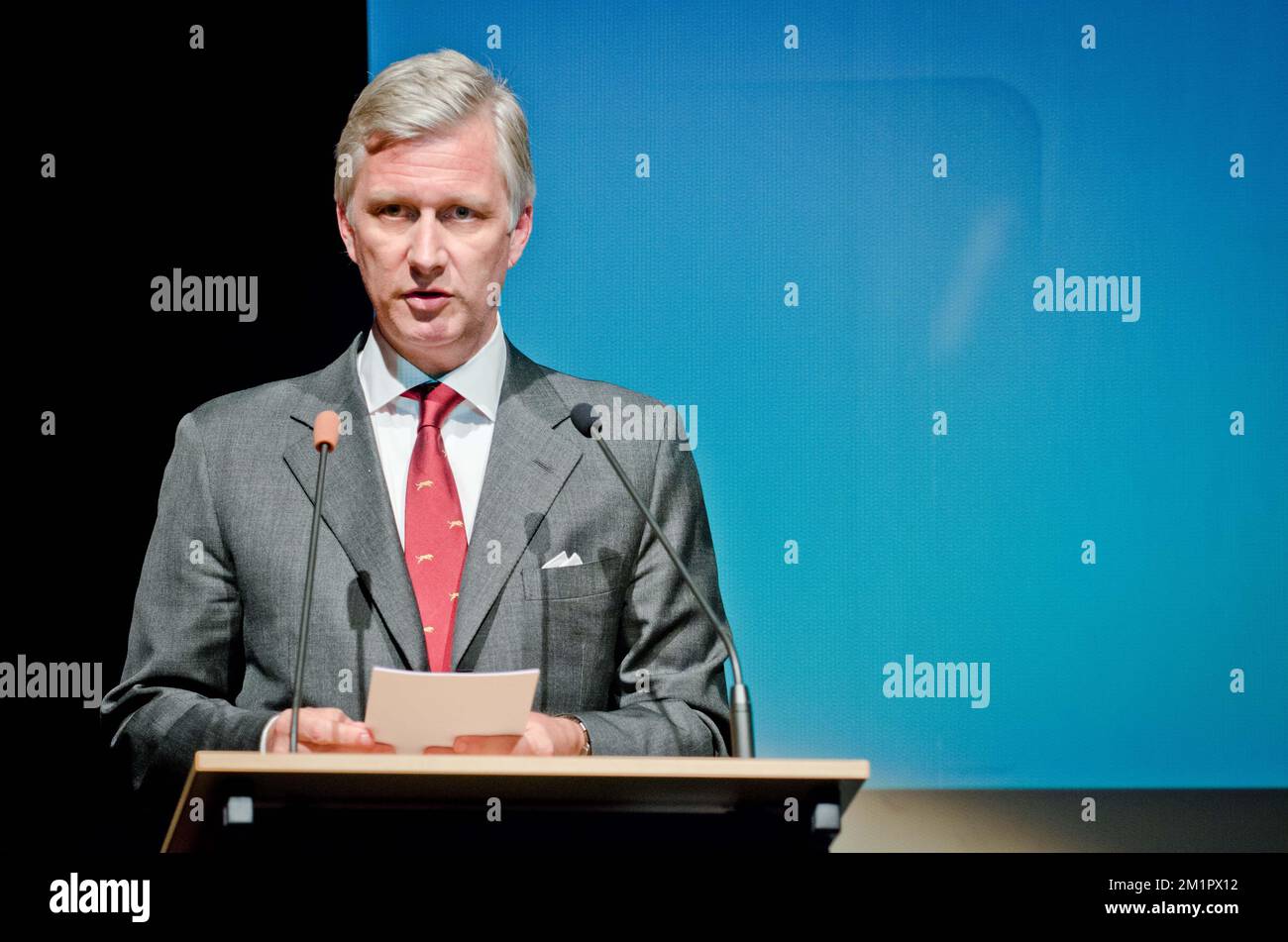 Crown Prince Philippe of Belgium delivers a speech at a press conference before the issuing of the 15 Vocatio scholarships, at the occasion of the Foundation's 50th birthday in Brussels, Thursday 16 May 2013.  Stock Photo