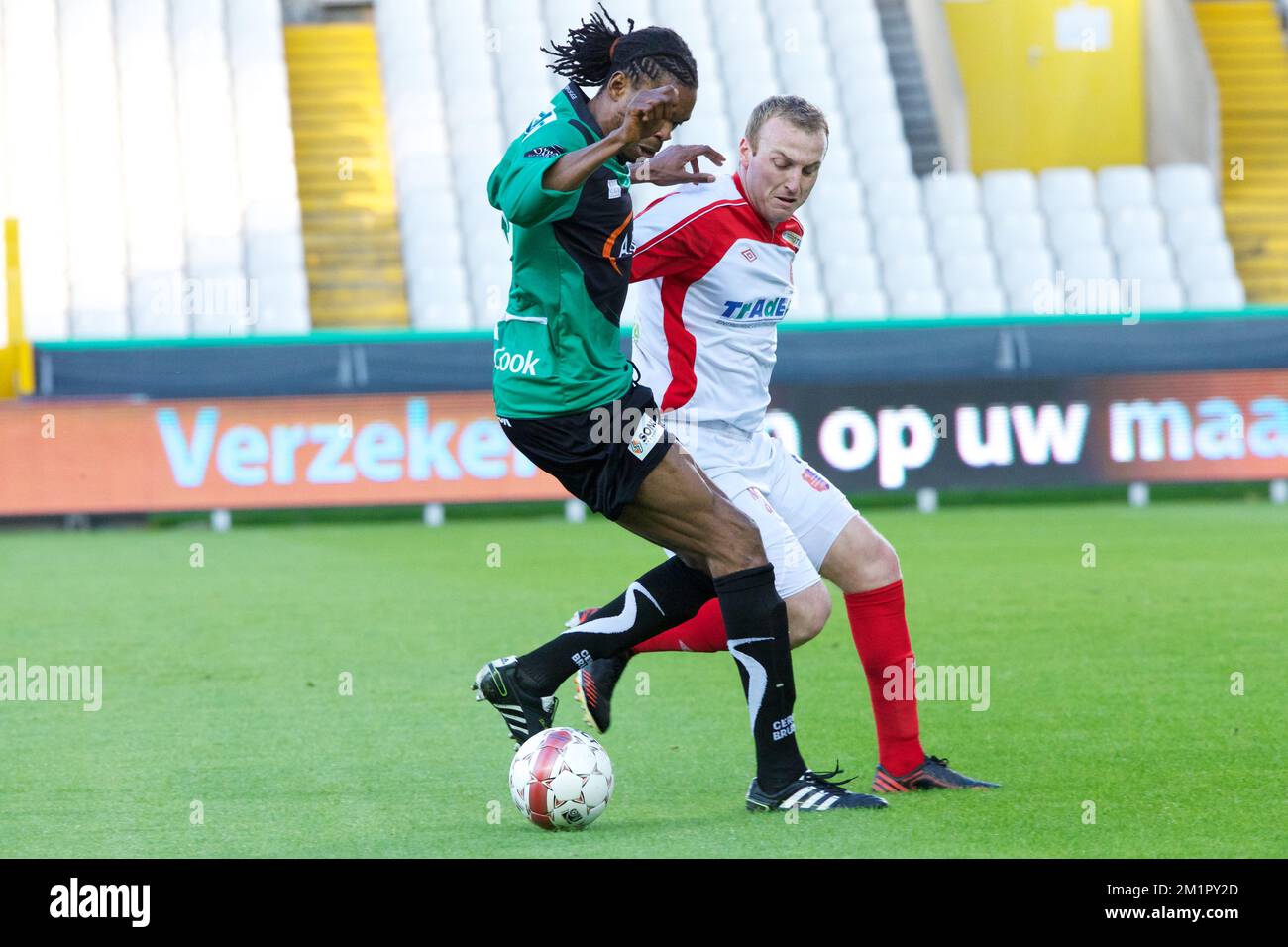 Cercle's Michael Uchebo fights for the ball during the match between Cercle Brugge and Mouscron-Peruwelz, in Brugge, Thursday 23 May 2013, on the fifth day of the final round in the second division league of the Belgian soccer championship. BELGA PHOTO KURT DESPLENTER Stock Photo