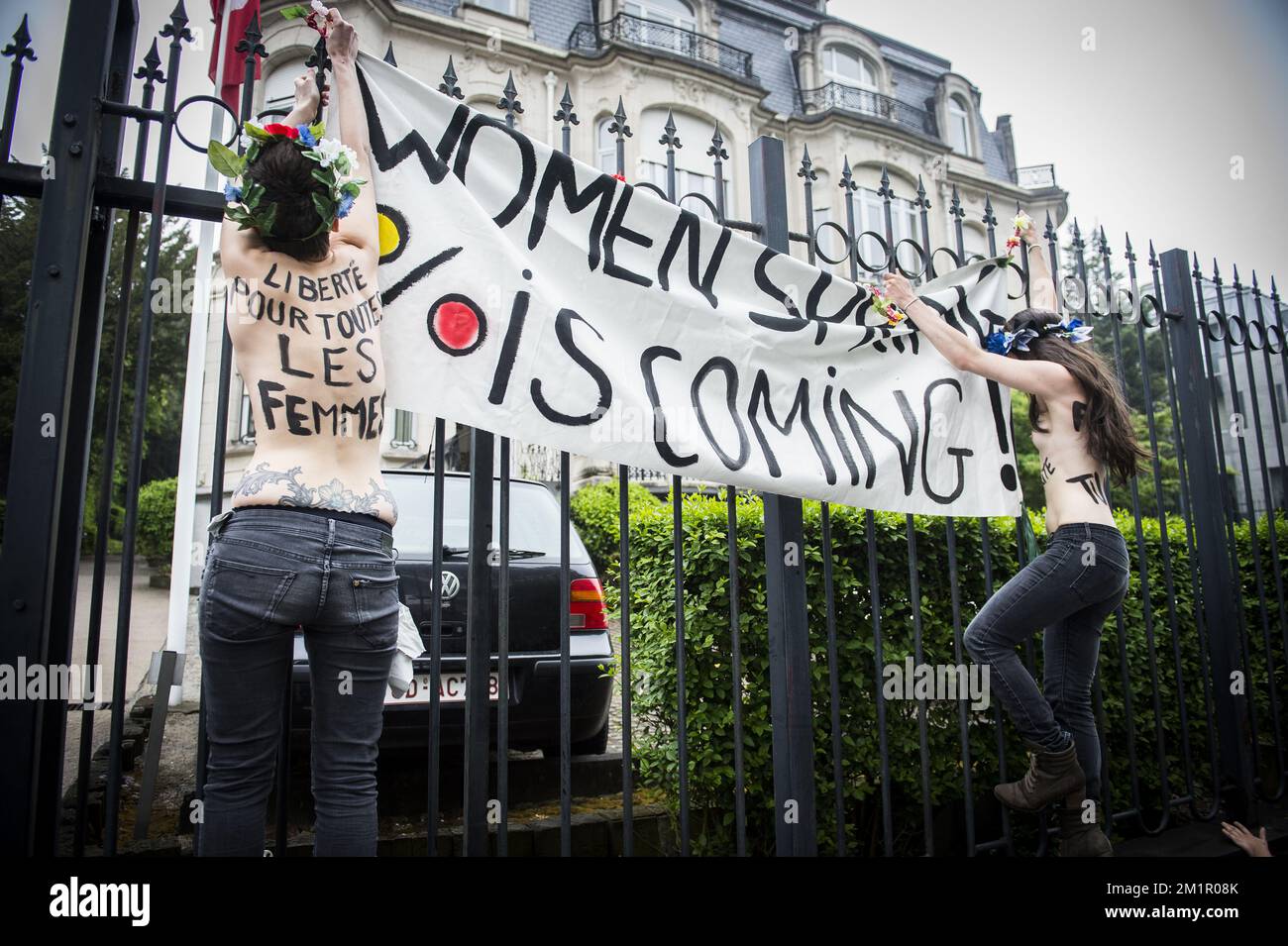 Illustration picture shows a protest of women's rights movement Femen regarding Tunisian Femen activist Amina Tyler, Thursday 30 May 2013, in front of the Tunisian Embassy in Brussels.   Stock Photo