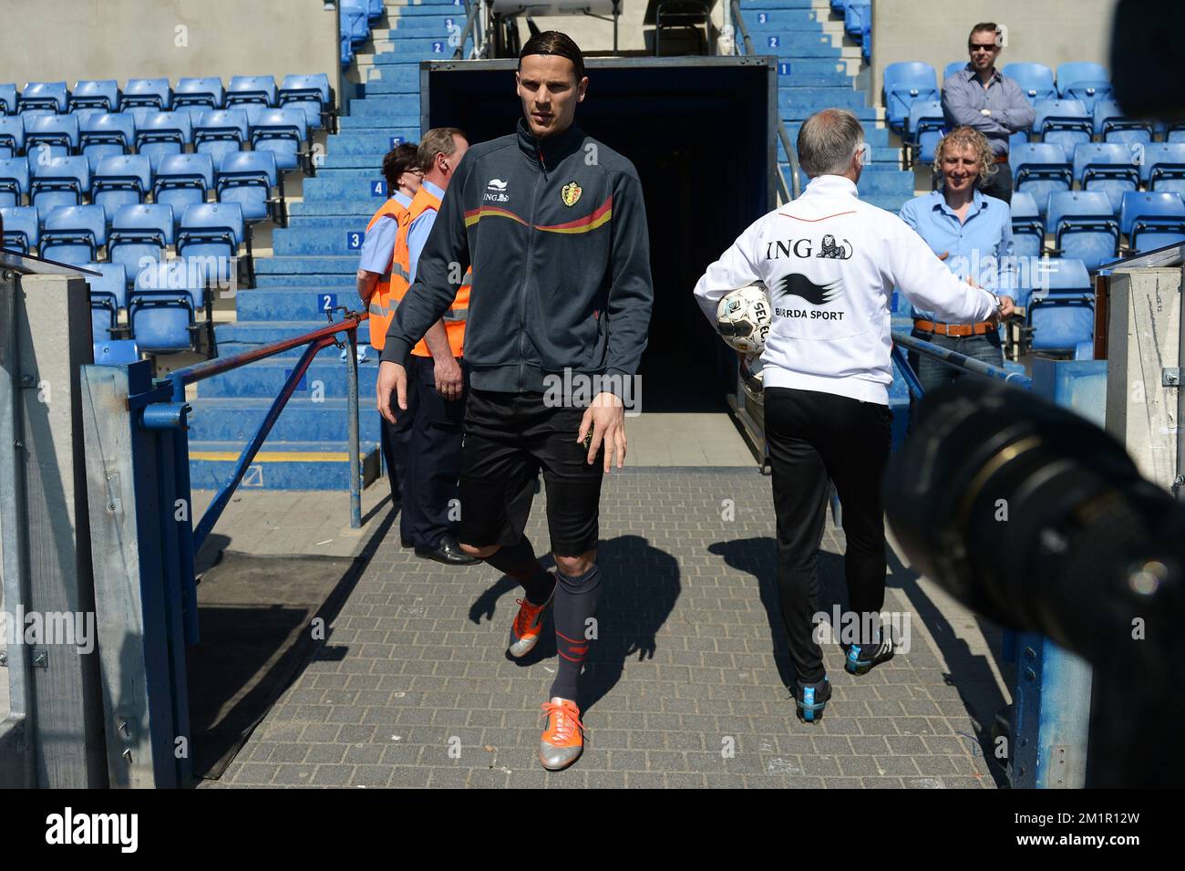 Belgium's Daniel Van Buyten arrives for a training session of the Belgium national soccer team, Wednesday 05 June 2013 in Genk. The Red Devils are preparing for their qualification game for the 2014 FIFA World Cup against Serbia on June 7.  Stock Photo