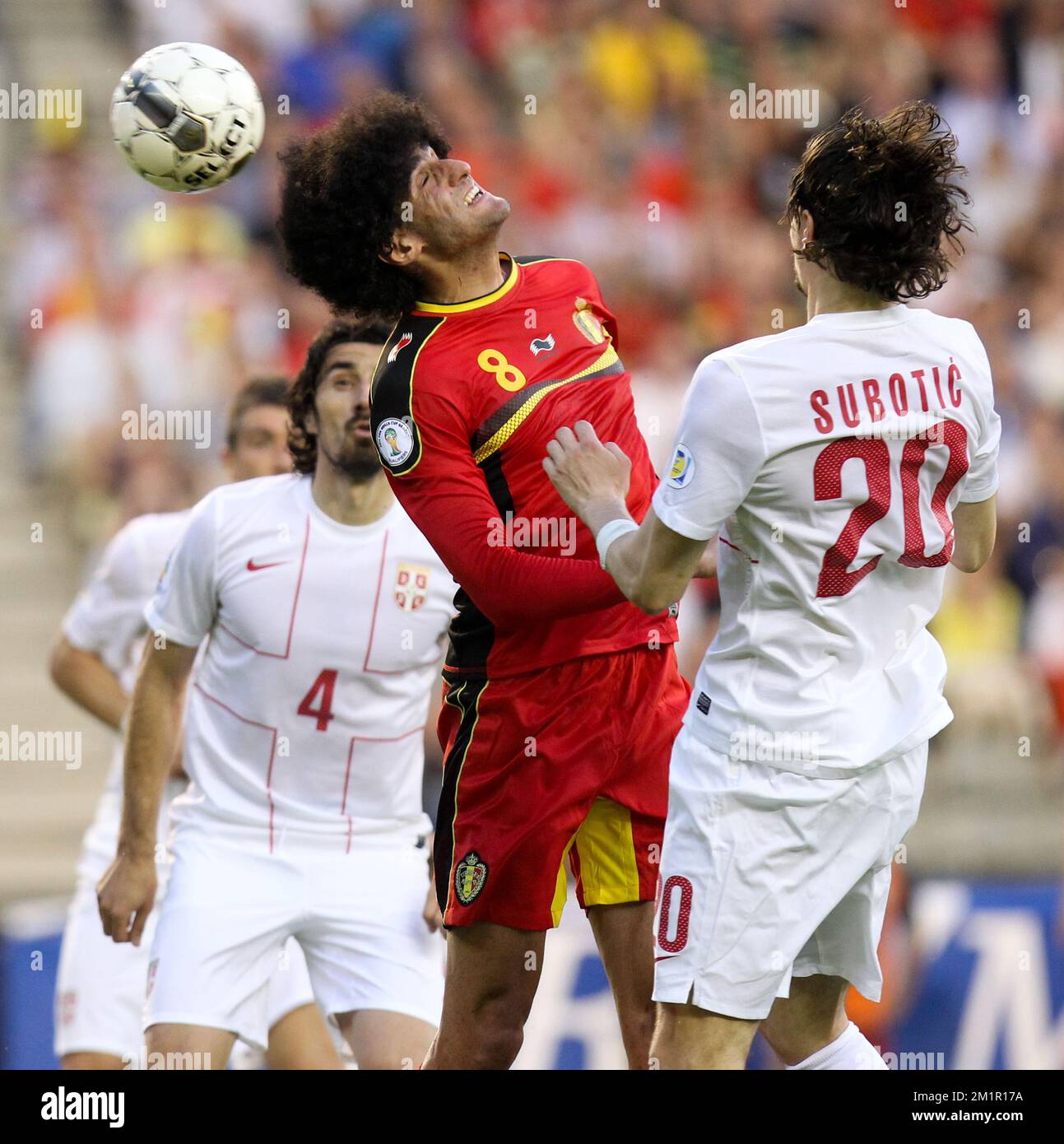 Belgium's Marouane Fellaini and Serbia's Neven Subotic fight for the ball during a match of the Belgian national soccer team 'Red Devils' against the Serbian national soccer team, Friday 07 June 2013 in Brussels. The game is part of the qualifying matches for the 2014 FIFA World Cup.  Stock Photo