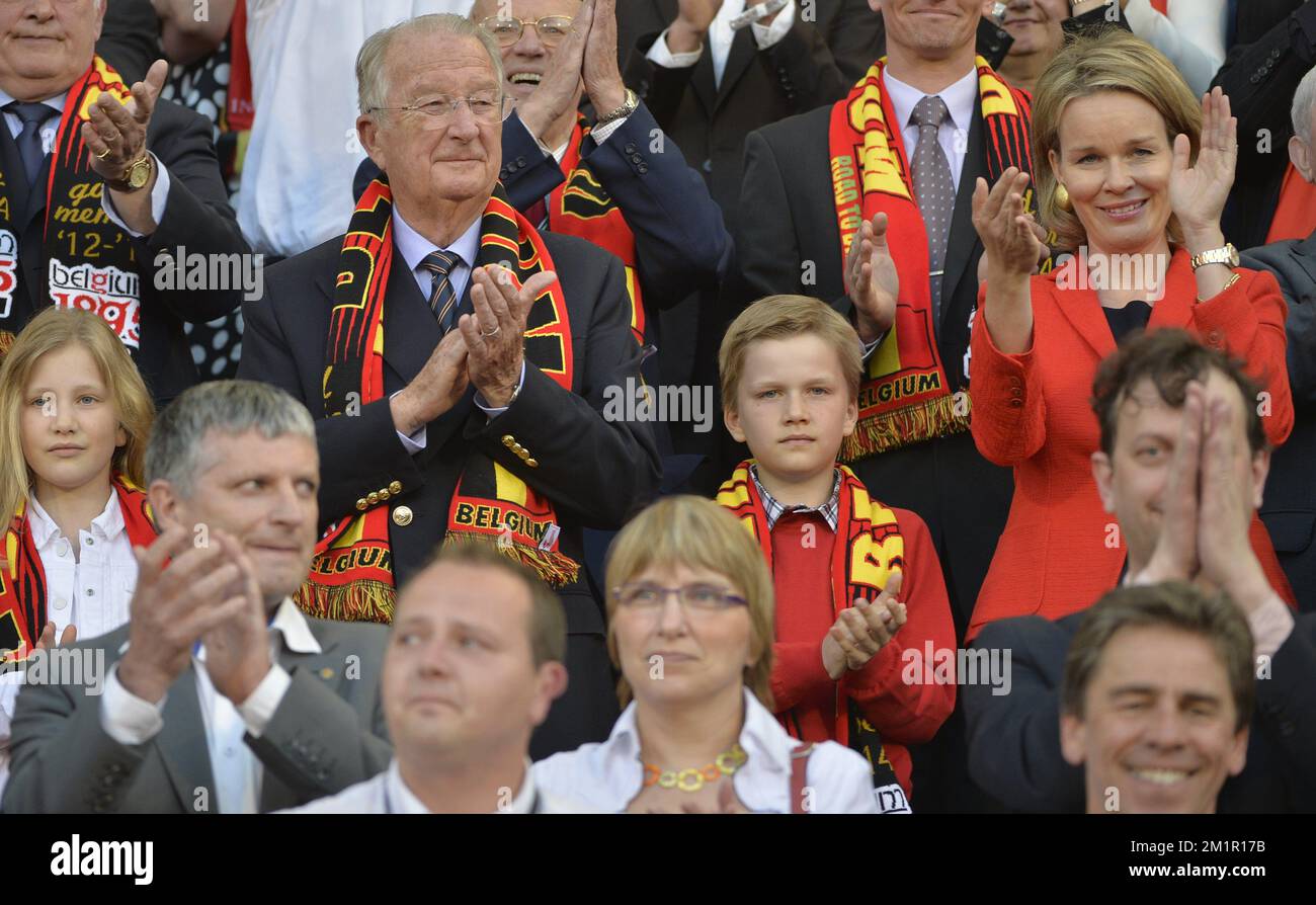 Princess Elisabeth, King Albert II of Belgium, Prince Gabriel and Princess Mathilde of Belgium pictured during a match of the Belgian national soccer team 'Red Devils' against the Serbian national soccer team, Friday 07 June 2013 in Brussels. The game is part of the qualifying matches for the 2014 FIFA World Cup.  Stock Photo
