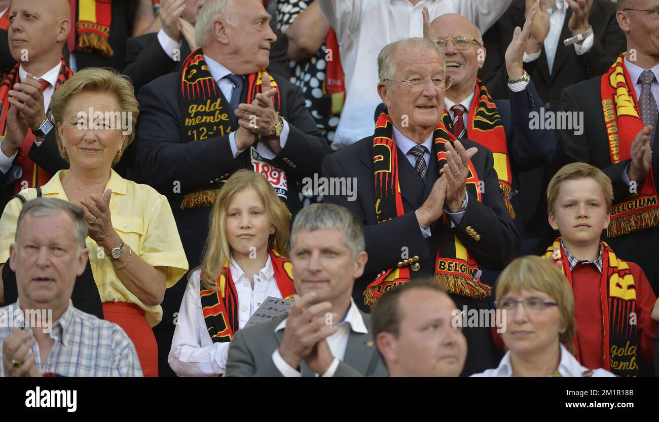 Queen Paola of Belgium, Princess Elisabeth, King Albert II of Belgium and Prince Gabriel pictured at a match of the Belgian national soccer team 'Red Devils' against the Serbian national soccer team, Friday 07 June 2013 in Brussels. The game is part of the qualifying matches for the 2014 FIFA World Cup.  Stock Photo