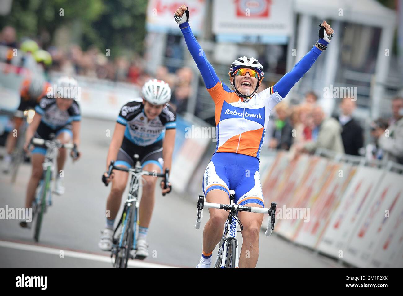 Belgian Liesbet De Vocht of team Rabo women cycling team celebrates as