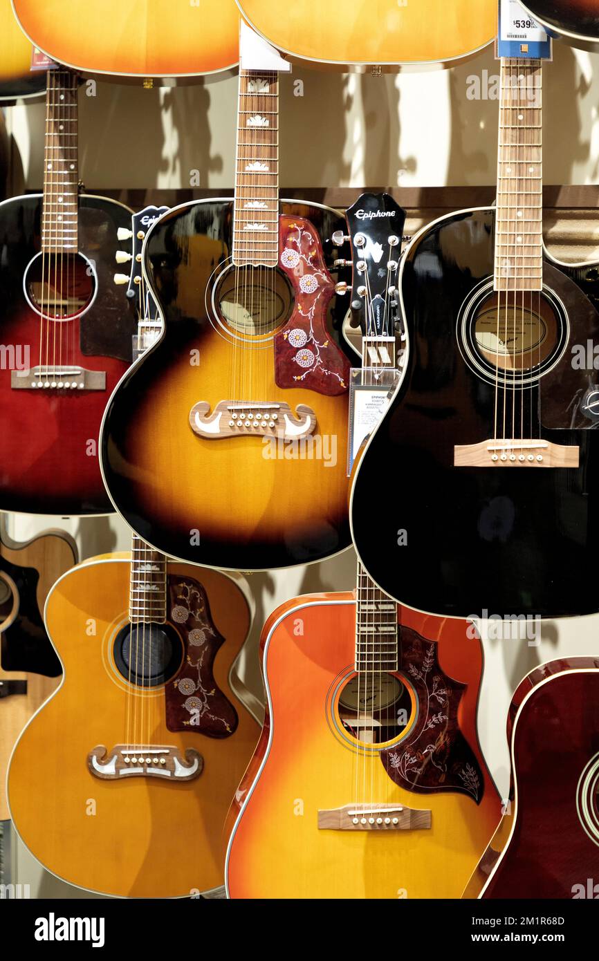Acoustic guitars on display in a music instrument store. Ontario Canada Stock Photo Alamy