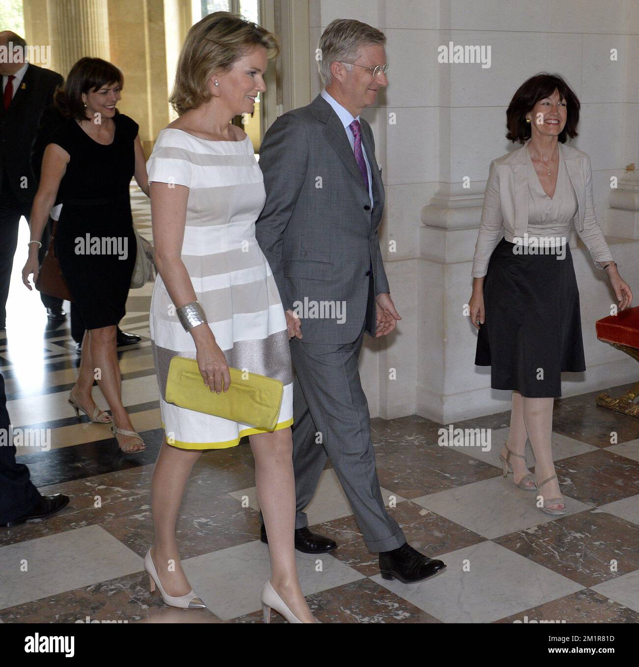 Vice-Prime Minister and Interior Minister Joelle Milquet, Princess Mathilde of Belgium, Crown Prince Philippe of Belgium and Vice-Prime Minister and Minister of Social Affairs and Public Health Laurette Onkelinx arrive for a reception at the royal castle in Laeken - Laken, Brussels for the members of the Government, Monday 15 July 2013.  Stock Photo