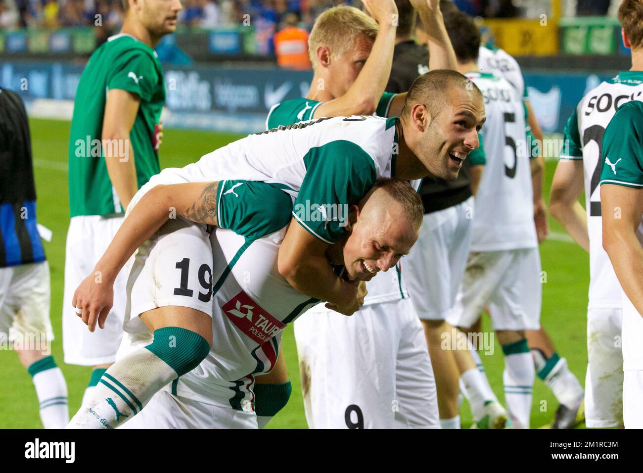 Wroclaw's players celebrate after winning the return leg of the third qualifying round of the UEFA Europa League game between Belgian First Division soccer team Club Brugge and Polish team WKS Slask Wroclaw in Brugge, Thursday 08 August 2013.  Stock Photo