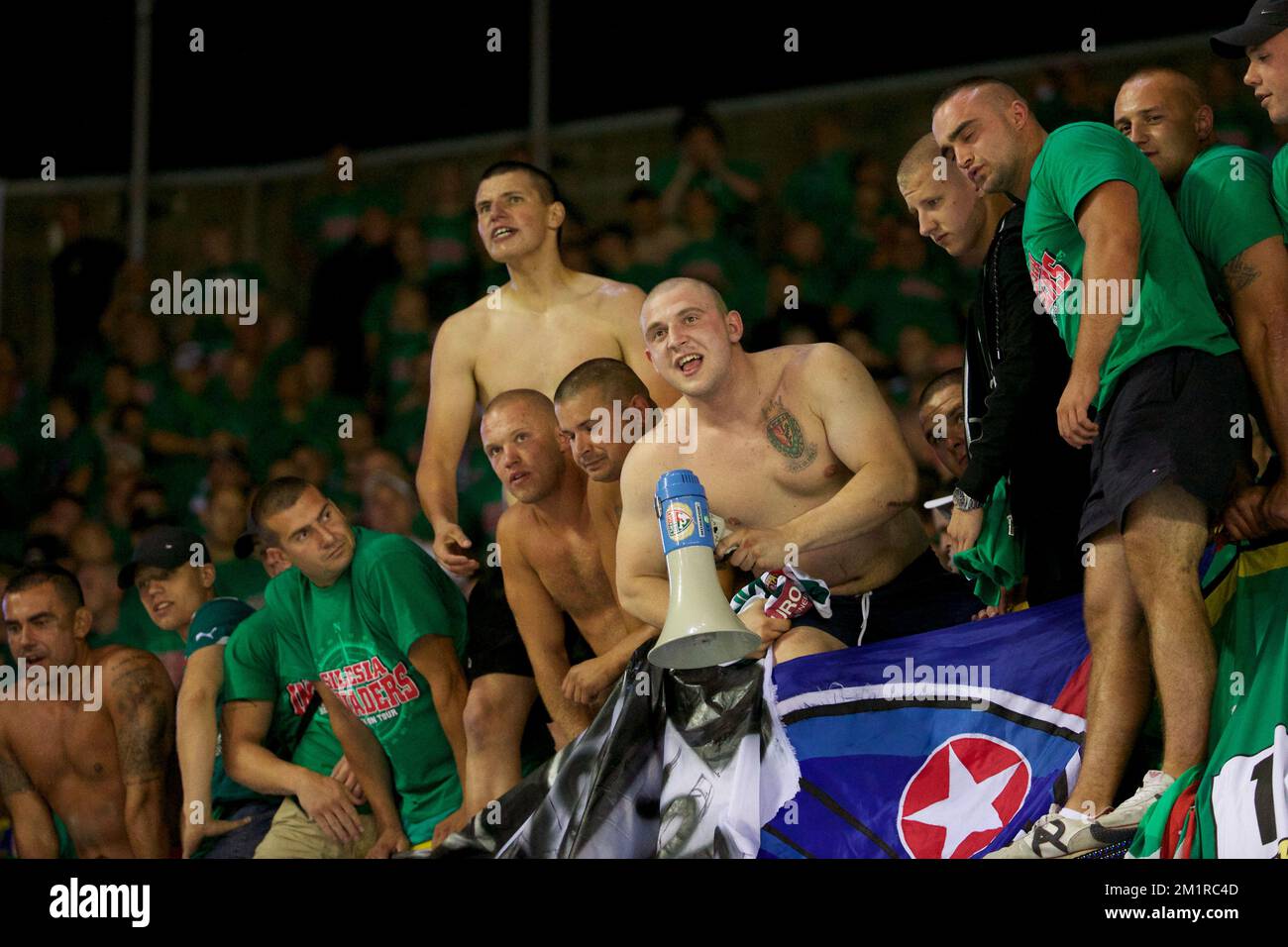 Wroclaw's supporters celebrate after winning the return leg of the third qualifying round of the UEFA Europa League game between Belgian First Division soccer team Club Brugge and Polish team WKS Slask Wroclaw in Brugge, Thursday 08 August 2013.  Stock Photo