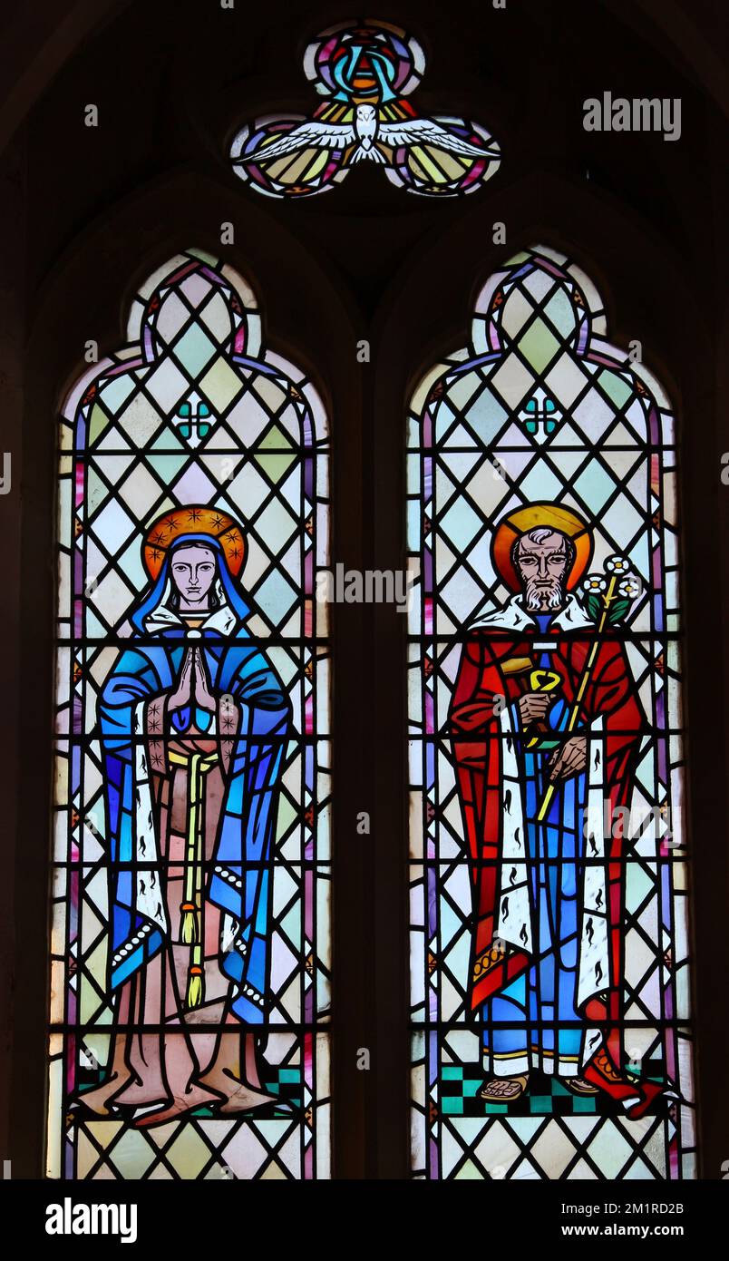 Virgin Mary & Joseph Stained Glass Window by Trena Cox. Lady Chapel, St James Church, New Brighton, Wirral, UK Stock Photo
