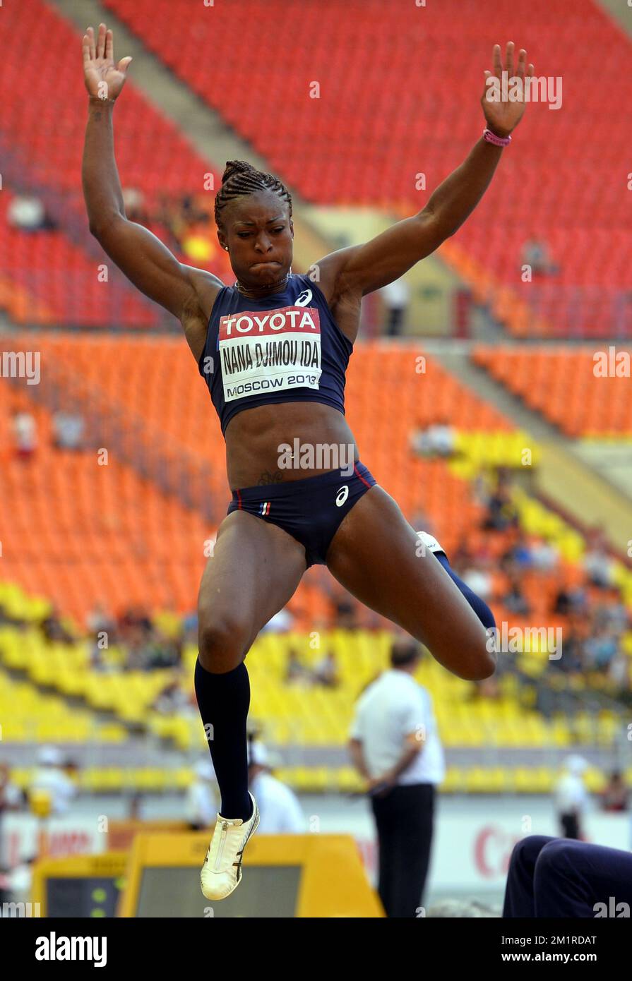 French Antoinette Nana Djimou Ida in action during the women's long jump competition on the second day of the women heptathlon at the World Athletics Championships at the Luzhniki Stadium in Moscow, Russia, Tuesday 13 August 2013. The World Championships are taking place from 10 to 18 August.  Stock Photo
