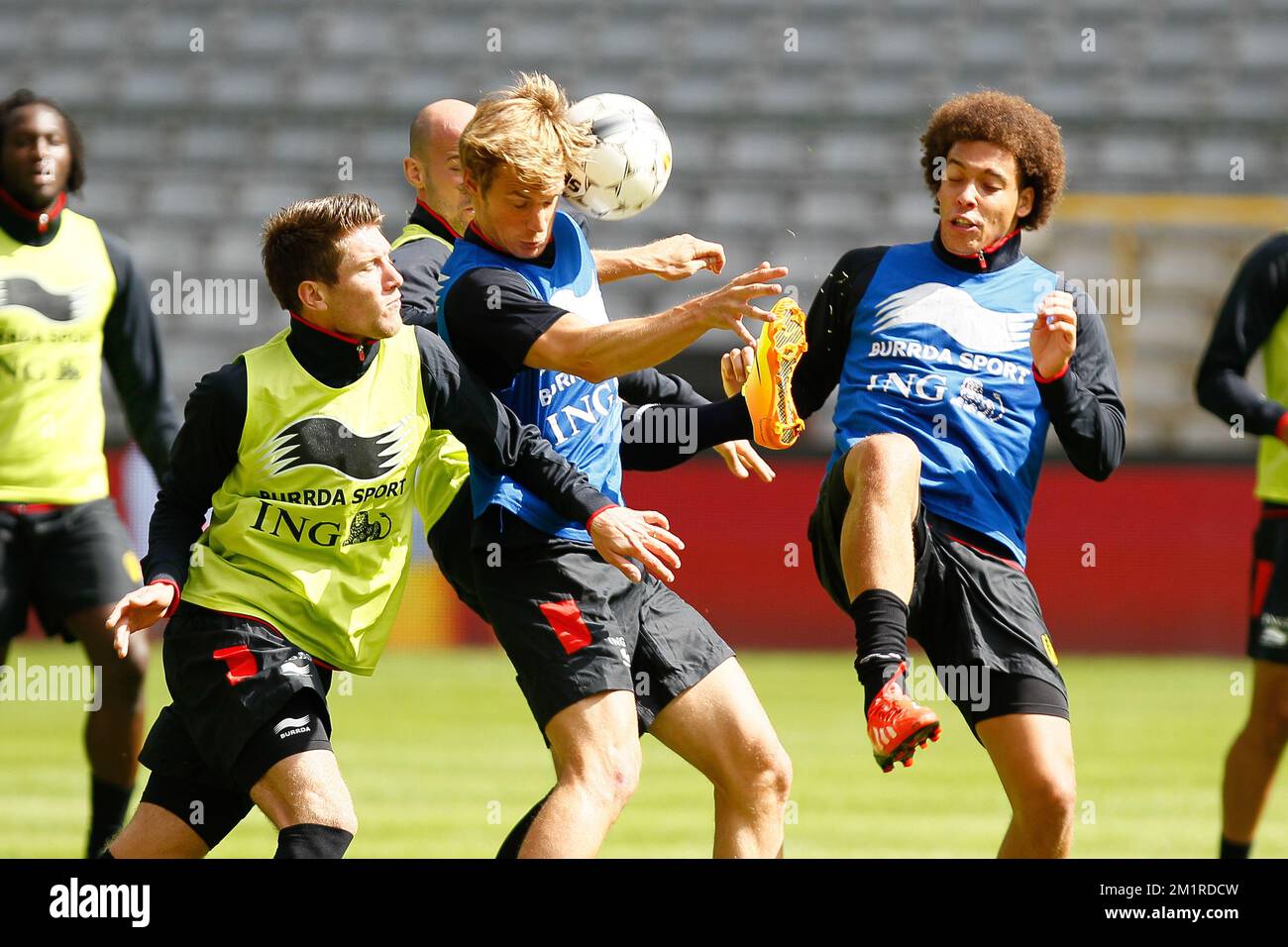 Belgium's Sebastien Pocognoli, Belgium's Guillaume Gillet and Belgium's  Axel Witsel fight for the ball during a training session of the Belgian  national soccer team Red Devils, Tuesday 13 August 2013, in the