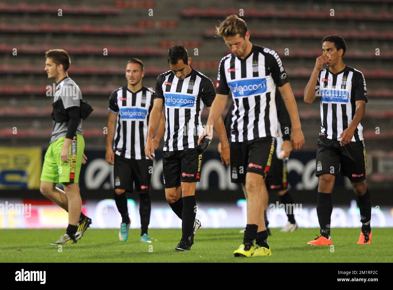 Charleroi's players look dejected after the Jupiler Pro League match between Charleroi and KV Kortrijk, in Charleroi, Saturday 17 August 2013, on day 04 of the Belgian soccer championship.  Stock Photo