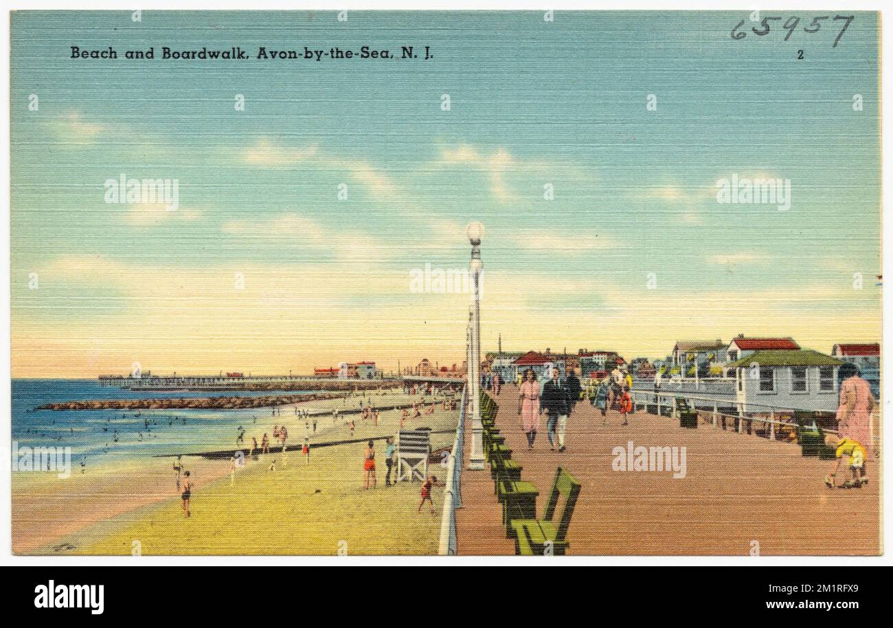 Beach and boardwalk, Avon-by-the-Sea, N. J. , Boardwalks, Beaches, Tichnor Brothers Collection, postcards of the United States Stock Photo