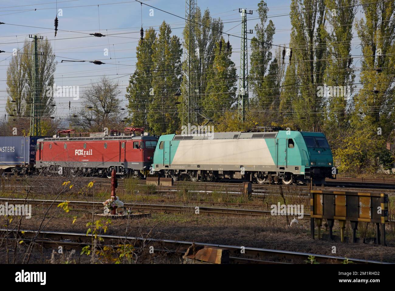 Fox Rail and an unidentified owner Siemens Vectron locomotives t Ferencváros Railway works and depot, Budapest, Hungary Stock Photo