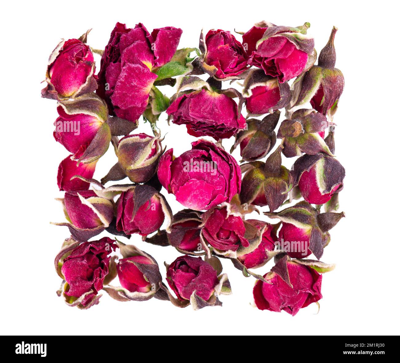Heap of dry tea roses buds isolated on white background. Rose flower