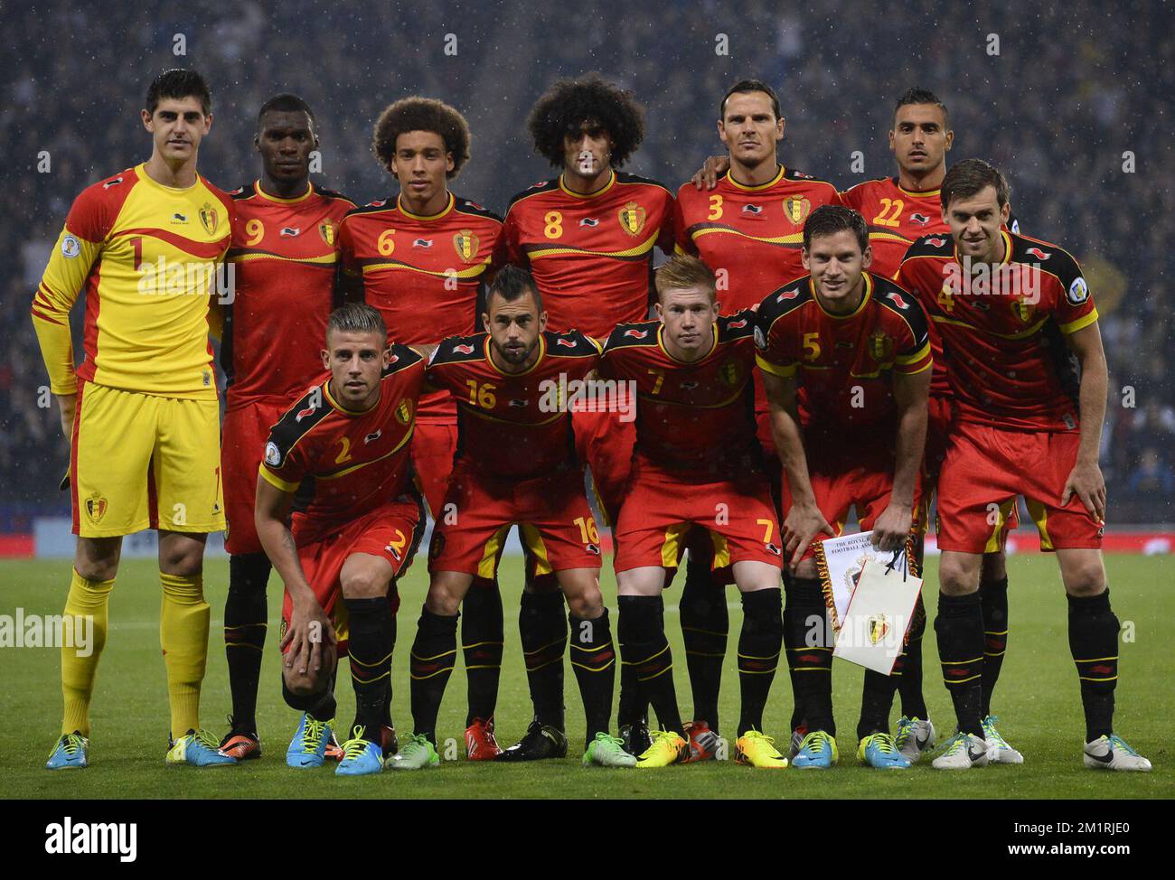 Belgium's players pose for a team picture before the start of the qualification game for the 2014 FIFA World Cup between the Belgian national soccer team Red Devils and Scotland, in the group A, in the Hampden Park stadium in Glasgow, Scotland, United Kingdom, Friday 06 September 2013. BELGA PHOTO DIRK WAEM Stock Photo