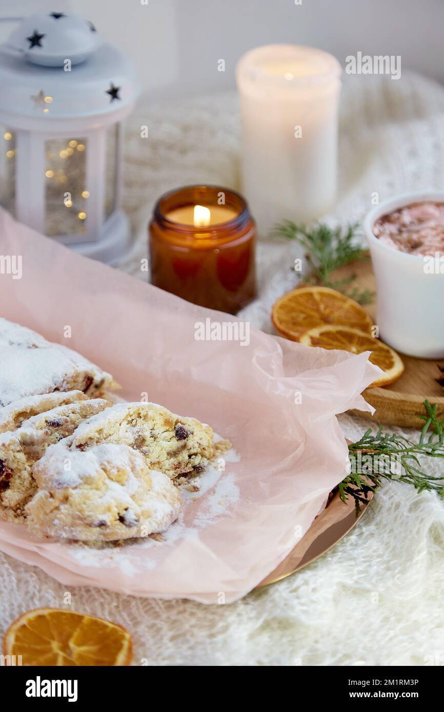 Aesthetic Christmas seasonal bread, small lantern, candles, cocoa, dry ...