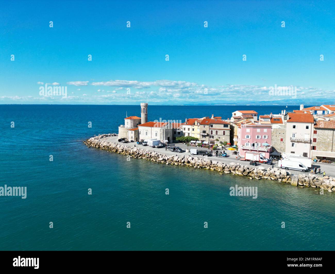 Piranski svetilnik lighhouse Piran Slovenia on sunny day drone aerial view Stock Photo