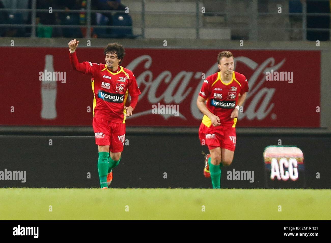 Oostende's Fernando Canesin celebrates after scoring during the Jupiler Pro League match between KAA Gent and KV Oostende, in Gent, Saturday 21 September 2013, on day 8 of the Belgian soccer championship. BELGA PHOTO BRUNO FAHY Stock Photo
