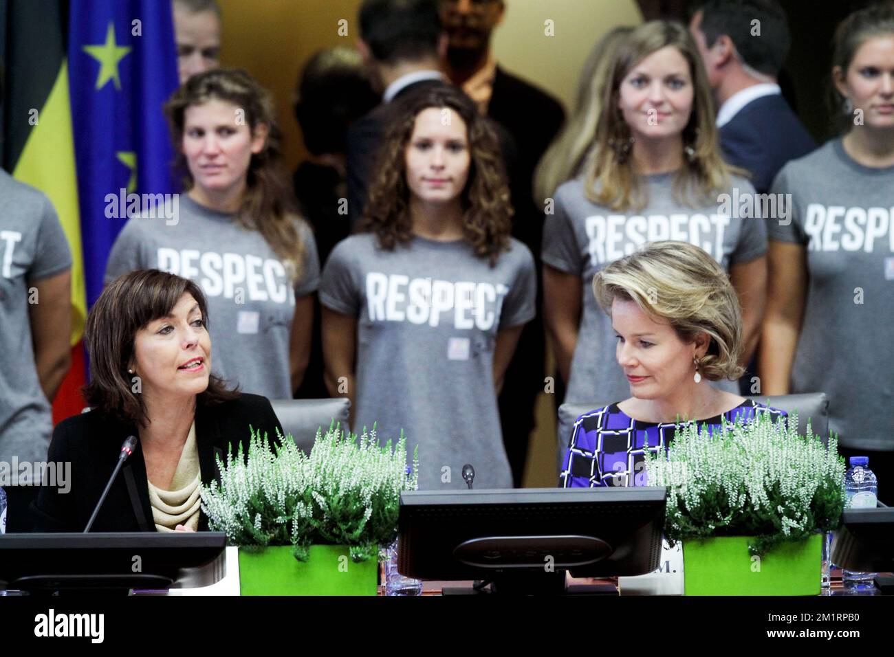 Vice-Prime Minister and Interior Minister Joelle Milquet and Queen Mathilde of Belgium pictured during an International Conference at the occasion of the 65th anniversary of the New York convention, organised by Belgium and France to gather the European Union who signed the convention, in Egmont Palace, in Brussels, Monday 30 September 2013. Stock Photo