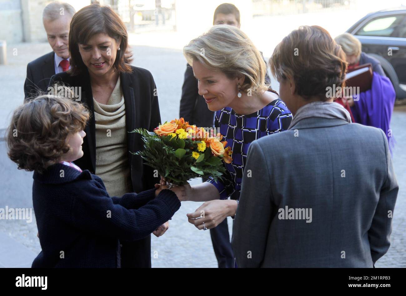 Vice-Prime Minister and Interior Minister Joelle Milquet, Queen Mathilde of Belgium and Najat Vallaud-Belkacem pictured during an International Conference at the occasion of the 65th anniversary of the New York convention, organised by Belgium and France to gather the European Union who signed the convention, in Egmont Palace, in Brussels, Monday 30 September 2013. Stock Photo