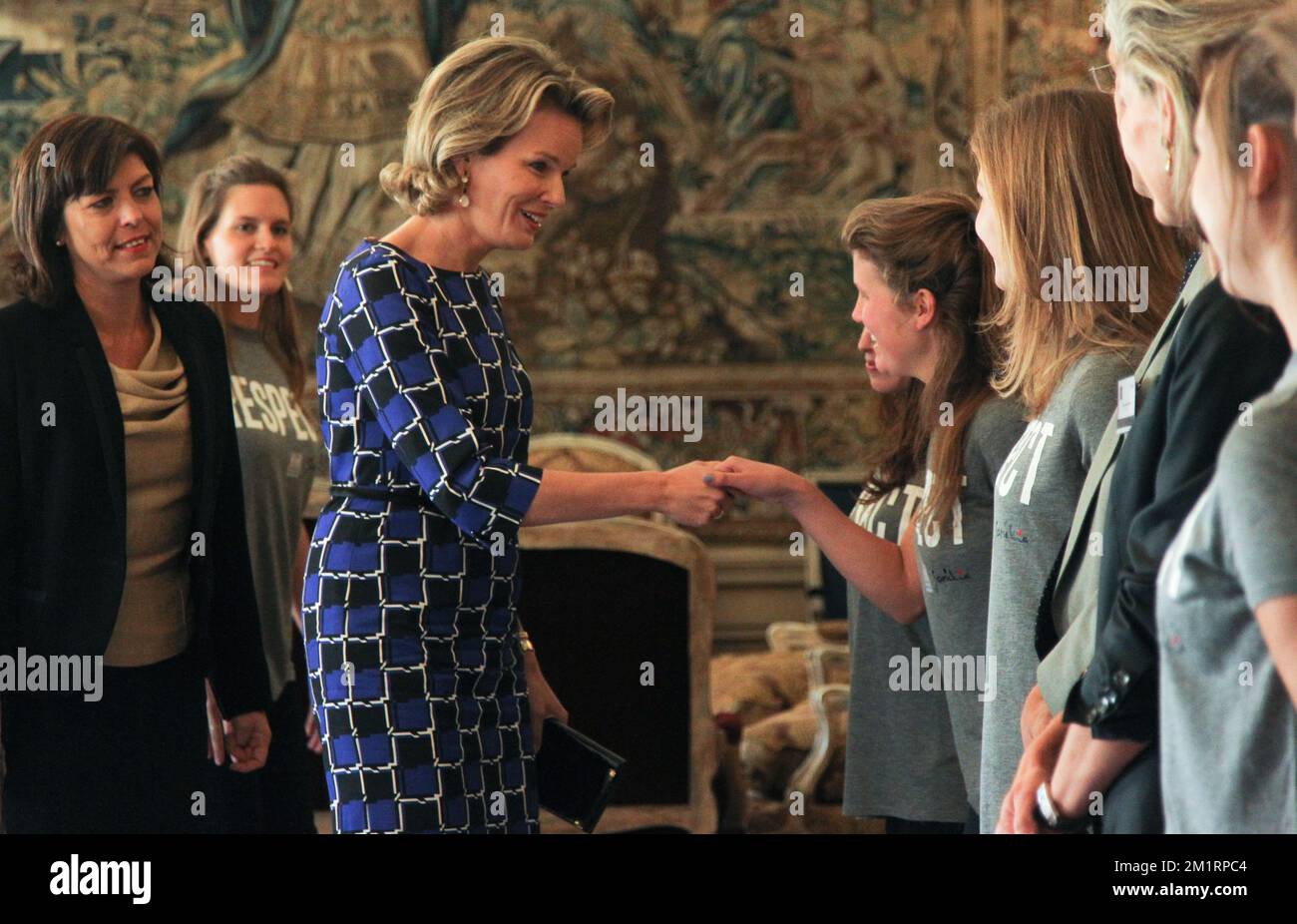 Vice-Prime Minister and Interior Minister Joelle Milquet and Queen Mathilde of Belgium pictured during an International Conference at the occasion of the 65th anniversary of the New York convention, organised by Belgium and France to gather the European Union who signed the convention, in Egmont Palace, in Brussels, Monday 30 September 2013. Stock Photo