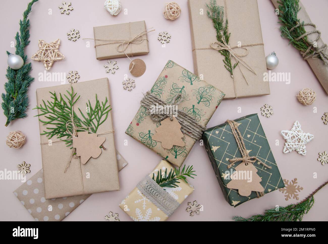 Eco friendly Christmas composition with gift boxes in craft reusable ...