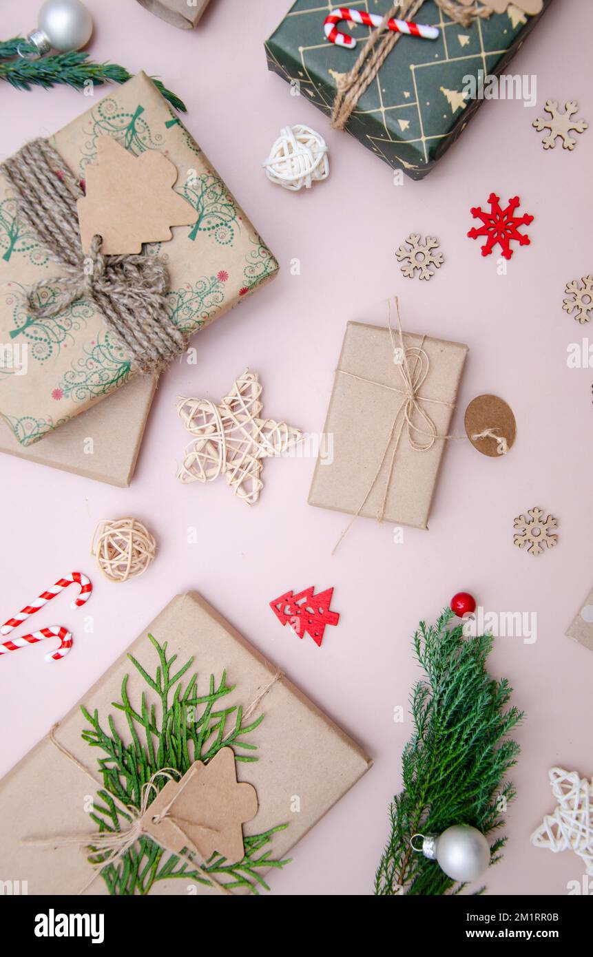 Eco friendly Christmas composition with gift boxes in craft reusable ...
