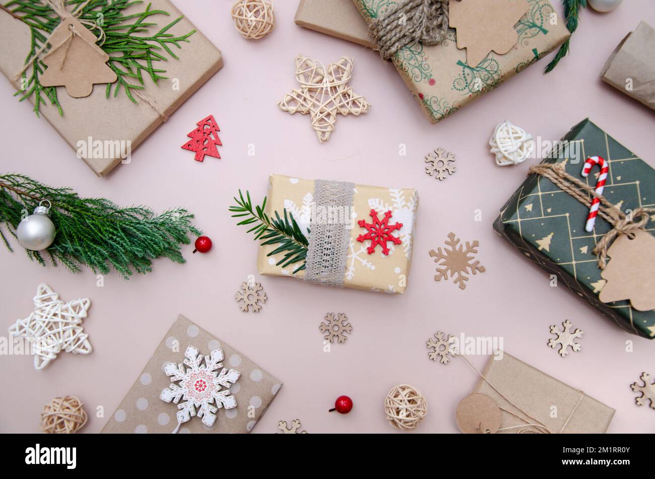 Eco friendly Christmas composition with gift boxes in craft reusable ...