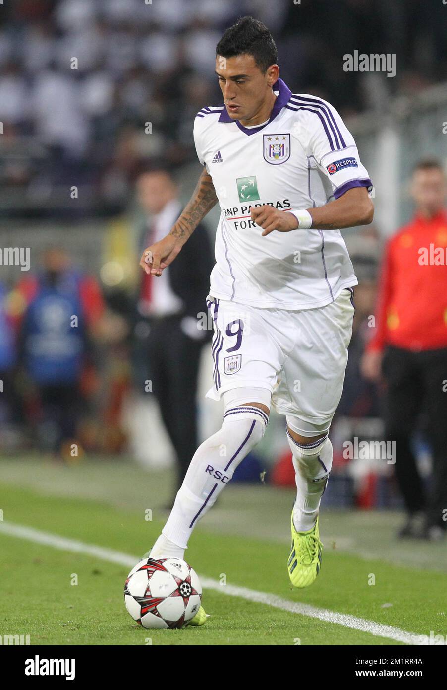 Anderlecht's Bram Nuytinck and Standard's William Vainqueur fight for the  ball during the Jupiler Pro League match of Play-Off 1 between Standard de  Liege and RSC Anderlecht, in Liege Stock Photo 