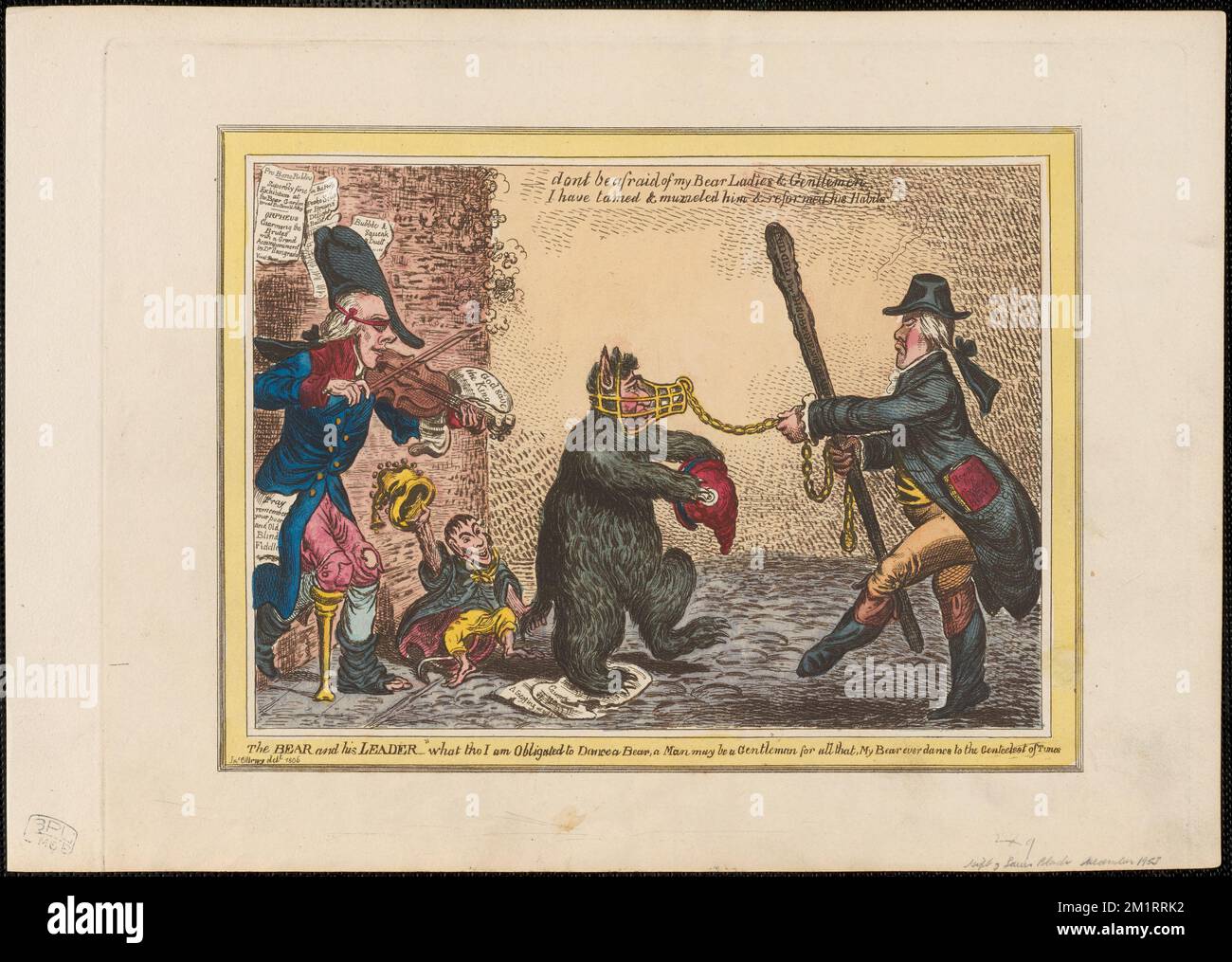 The bear and his leader , Kings, Politicians, Nobility, Government officials, Bears, Monkeys, Animal shows, Dance, Fox, Charles James, 1749-1806, George III, King of Great Britain, 1738-1820, Sidmouth, Henry Addington, Viscount, 1757-1844, Lansdowne, Henry Petty-Fitzmaurice, Marquess of, 1780-1863, Grenville, William Wyndham Grenville, Baron, 1759-1834. James Gillray (1756-1815). Prints and Drawings Stock Photo