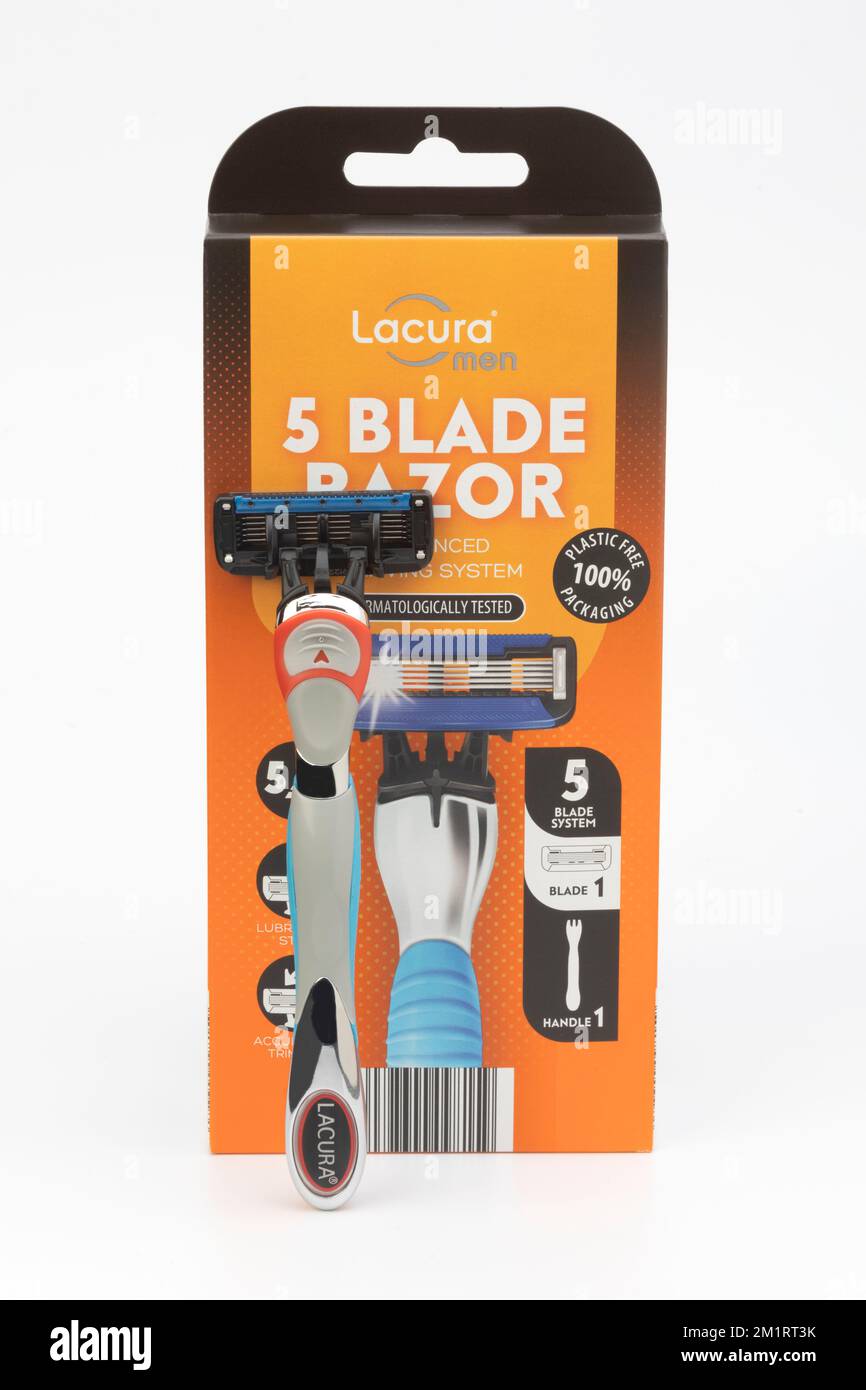 A Lacura 5 blade razor box and razor Stock Photo