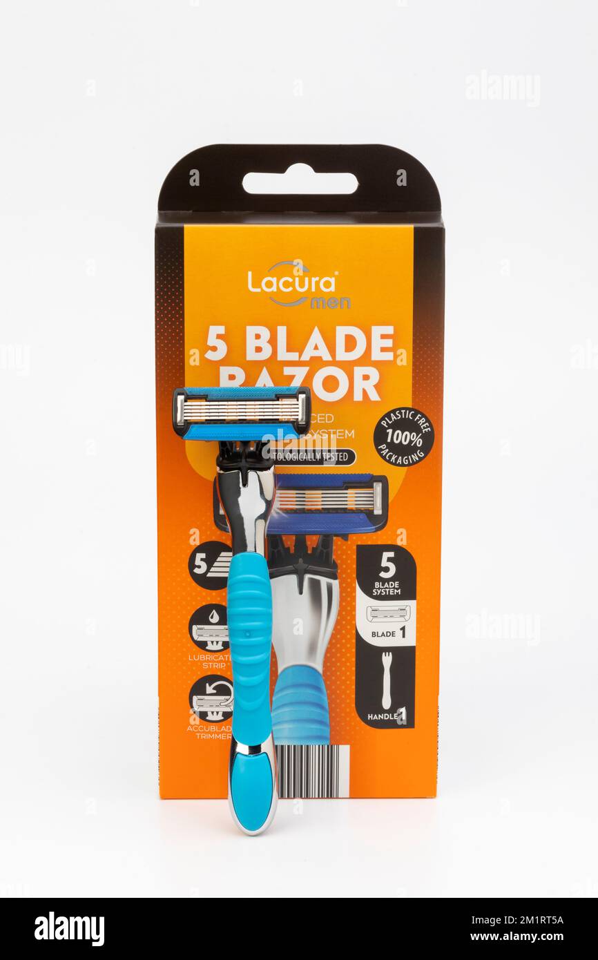 A Lacura 5 blade razor box and razor Stock Photo
