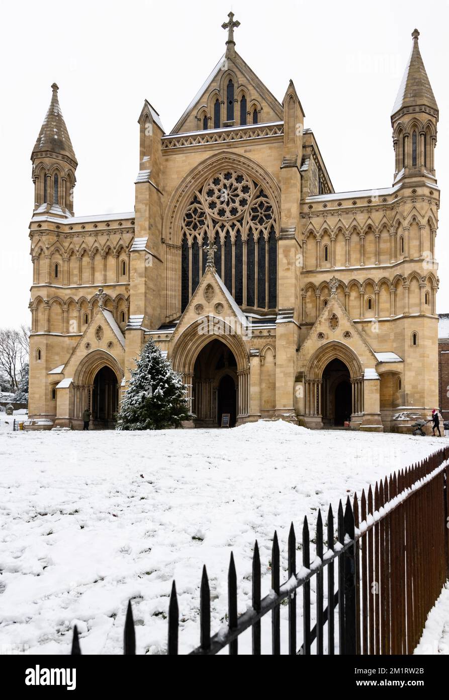 St. Albans Cathedral, also known as St. Albans Abbey with snow covered