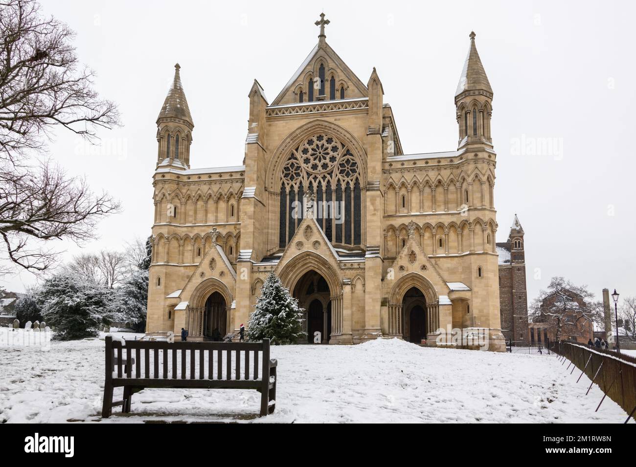 St. Albans Cathedral, also known as St. Albans Abbey with snow covered