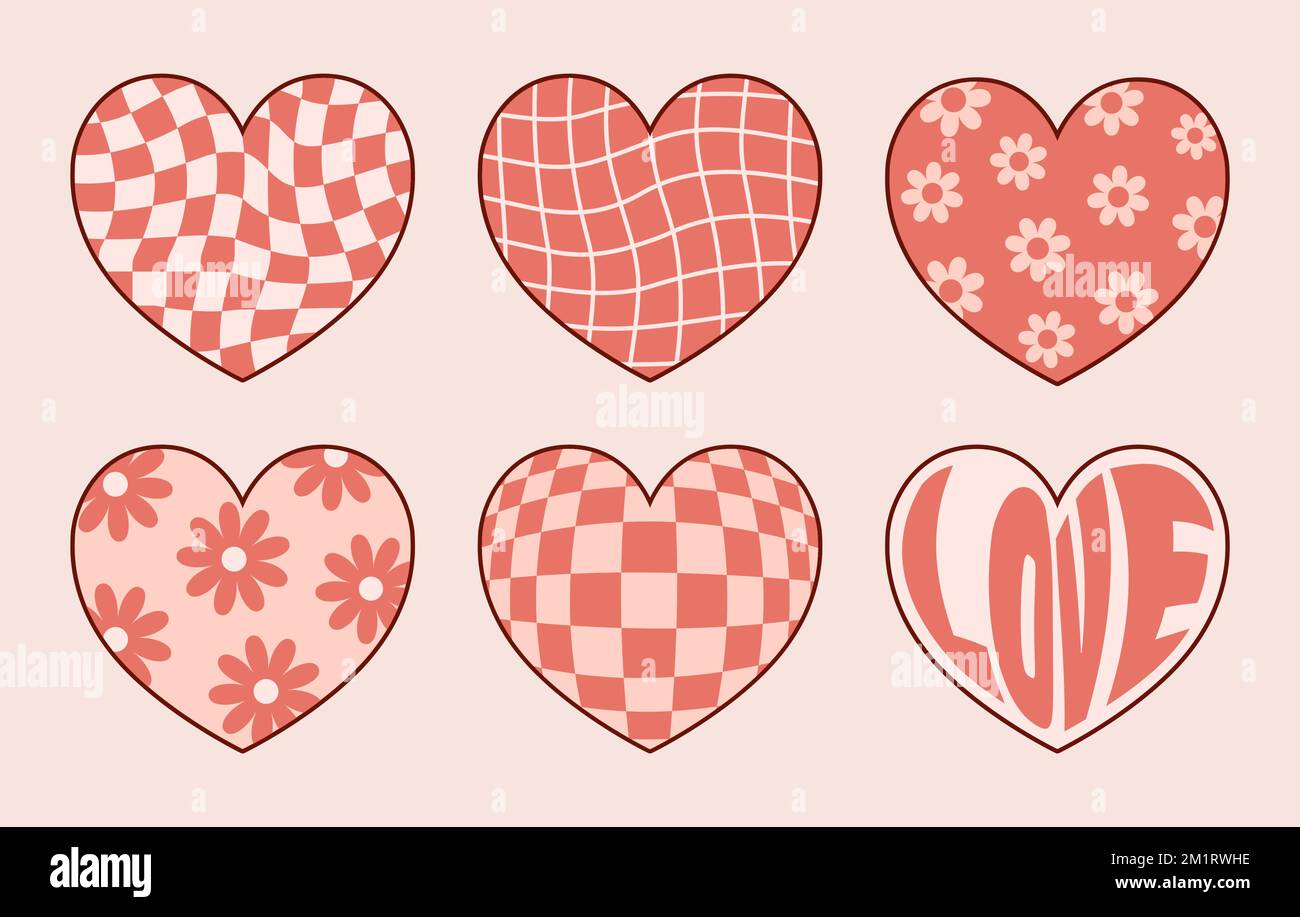 Set of retro hippie romantic heart stickers. Groovy design elements for Valentines day. Vector illustration Stock Vector