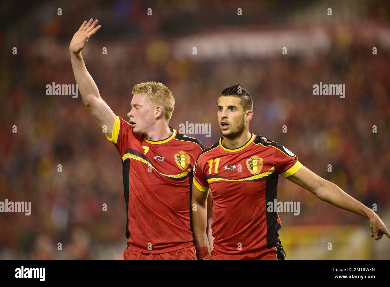 Belgium's Kevin De Bruyne and Belgium's Kevin Mirallas pictured during a  the match between Belgian and Wales at the Koning Boudewijn Stadium Stock  Photo - Alamy